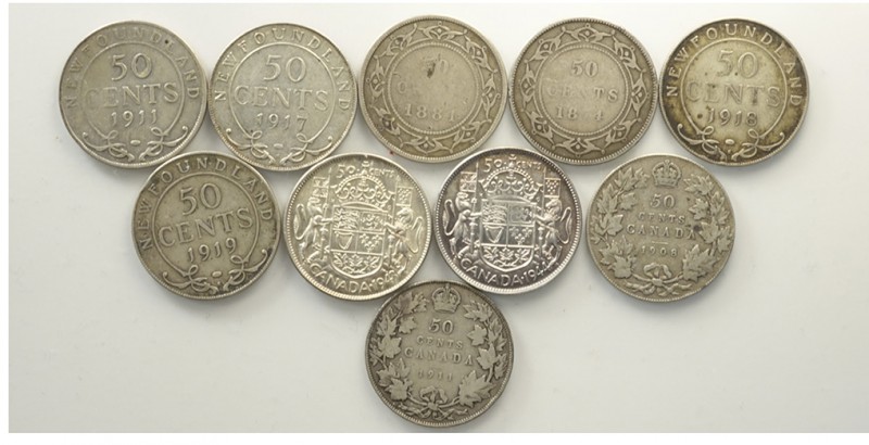 Canada Lot

Canada, Lotto di 10 monete da 50 Cents, segnaliamo: 1908 KM-12 q.B...