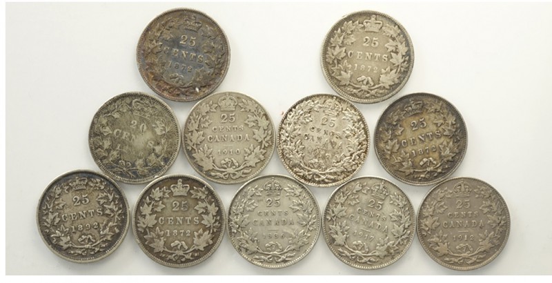 Canada Lot

Canada, Lotto di 11 monete da 25 Cents, segnaliamo: 1858 KM-4 MB+,...