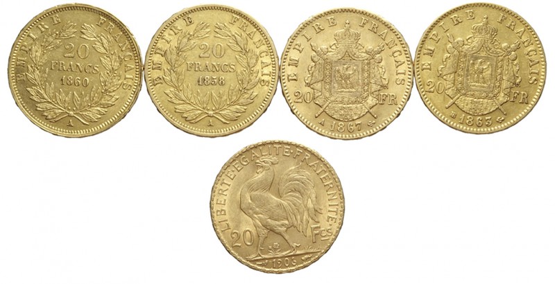 France Lot

France, Lotto di 5 monete da 20 Francs: 1858 A, 1860 A, 1863 BB, 1...