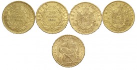 France Lot

France, Lotto di 5 monete da 20 Francs: 1858 A, 1860 A, 1863 BB, 1867 A, 1906, mediamente q.SPL