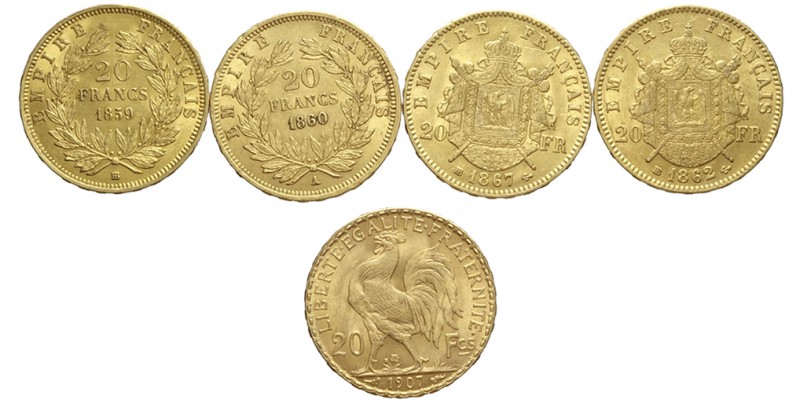 France Lot

France, Lotto di 5 monete da 20 Francs: 1859 BB, 1860 A, 1862 BB, ...