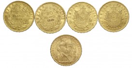 France Lot

France, Lotto di 5 monete da 20 Francs: 1859 BB, 1860 A, 1862 BB, 1867 BB, 1907, mediamente q.SPL