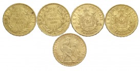 France Lot

France, Lotto di 5 monete da 20 Francs: 1853 A, 1855 A, 1866 A, 1867 BB, 1906, mediamente q.SPL