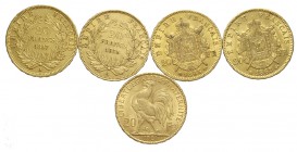 France Lot

France, Lotto di 5 monete da 20 Francs: 1855 A, 1857 A, 1865 BB, 1868 BB, 1901, mediamente q.SPL