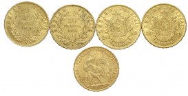 France Lot

France, Lotto di 5 monete da 20 Francs: 1854 A, 1859 A, 1866 BB, 1868 A, 1904, mediamente q.SPL