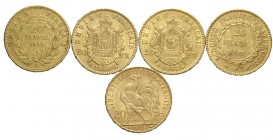 France Lot

France, Lotto di 5 monete da 20 Francs: 1853 A, 1862 A, 1866 A, 1897 A, 1908, mediamente q.SPL