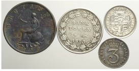Great Britain Lot

Great Britain, George III, Lotto di 4 monete: 3 Pence 1762 KM-591 iniziali incise nel campo altrimenti SPL, 1/2 Penny 1799 KM-647...