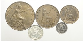 Great Britain Lot

Great Britain, Victoria, Lotto di 5 monete, segnaliamo: 1,5 Pence 1843 KM-728 BB+, Penny 1900 KM-790 q.FDC Red copper, 1/2 Penny ...