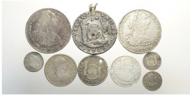 Mexico Lot

Mexico, Lotto di 9 monete 1746-1792, segnaliamo: 8 Reales 1793 Mo FM KM-109 BB, 8 Reales 1779 Mo FF KM-106.2 colpi BB