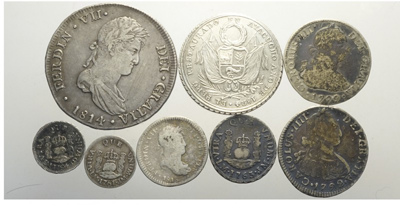 Peru Lot

Peru, Lotto di 8 monete 1761-1824, segnaliamo: 8 Reales 1814 ME JP K...