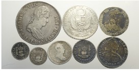 Peru Lot

Peru, Lotto di 8 monete 1761-1824, segnaliamo: 8 Reales 1814 ME JP KM-117.1 BB, 4 Reales 1824 Fonr. 9178 cleaned BB-SPL, 2 Reales 1792 ME ...