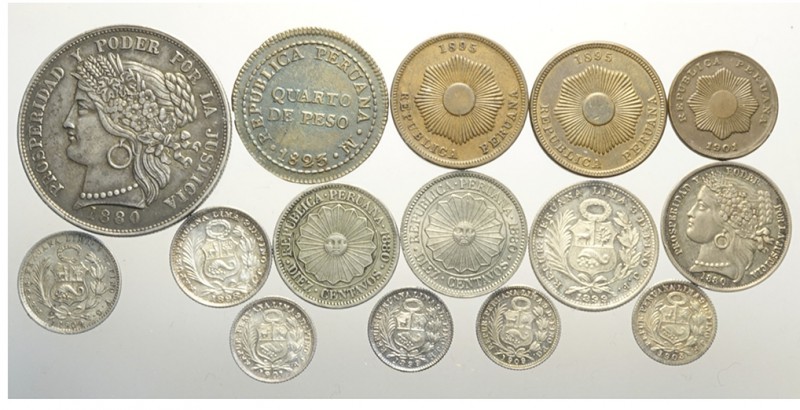 Peru Lot

Peru, Lotto di 15 monete 1823-1909, segnaliamo: 5 Pesetas 1880 BF KM...