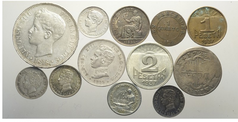 Spain Lot

Spain, Lotto di 12 monete 1723-1937 segnaliamo: 5 Pesetas 1898 (98)...
