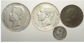Spain Lot

Spain, Lotto di 4 monete 1871-1882 segnaliamo: 5 Pesetas 1871 (74) DE M KM-666 q.SPL, 5 Pesetas 1882 (82) MS M KM-688 cleaned BB-SPL