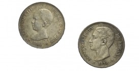 Spain Lot

Spain, Lotto di 2 monete: 5 Pesetas 1875 (*75*) BB+, 5 Pesetas 1890 (*90*) SPL+