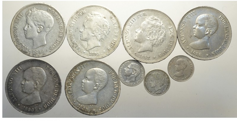 Spain Lot

Spain, Lotto di 9 monete 1885-1898 segnaliamo: 5 Pesetas 1888 (88) ...