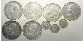 Spain Lot

Spain, Lotto di 9 monete 1885-1898 segnaliamo: 5 Pesetas 1888 (88) MP M KM-689 BB-SPL, 8 Pesetas 1891 (91) PG M KM-689 SPL, 5 Pesetas 189...