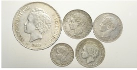 Spain Lot

Spain, Lotto di 5 monete 1893-1899 segnaliamo: 5 Pesetas 1893 (93) PG L KM-700 SPL-FDC, Peseta 1896 (96) PG V KM-706 SPL+, Peseta 1899 (9...