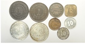 Straits Settlements Lot

Straits Settlements, Lotto di 9 monete 1845-1932, segnaliamo: 10 Cents 1899 KM-11 q.SPL, 1/4 Cent 1845 KM-1 SPL+