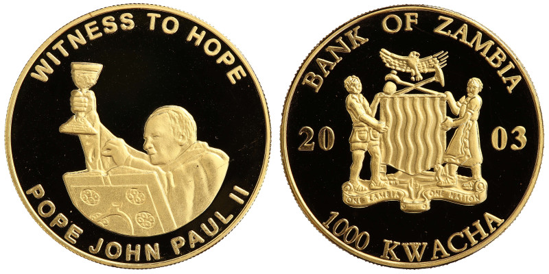 Zambia 1000 Kwacha 2003 Pope John Paul II

KM-160, N# 20592; Gold plated bronz...