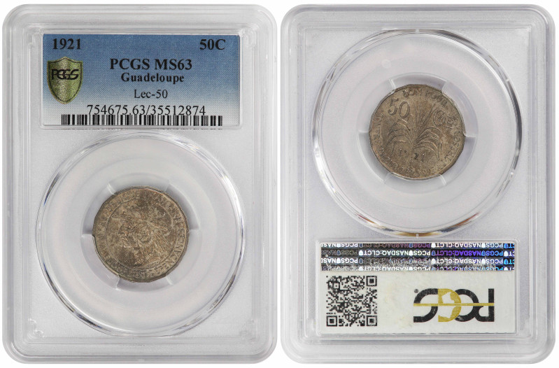 Guadeloupe 50 Centimes 1921. PCGS MS-63 

KM-45, N#6182; Period: French Depend...