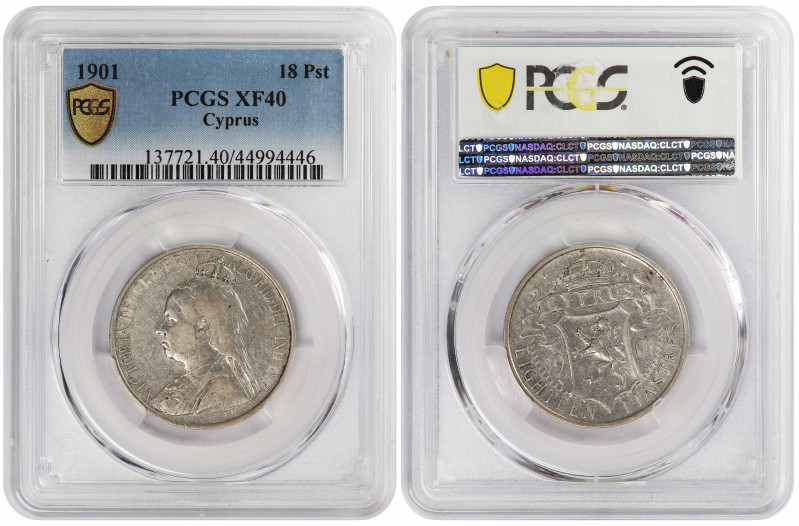 Cyprus (British) 18 Piastres 1901. PCGS XF-40

KM-7; Queen: Victoria (1879-190...