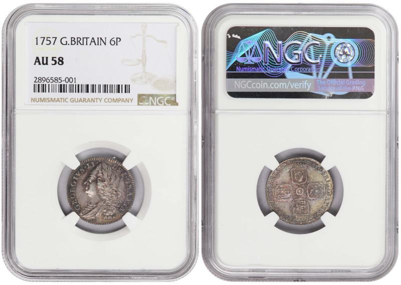 Great Britain 6 Pence 1757. NGC AU-58

KM-582.2, S-3711; Ruler: George II (172...