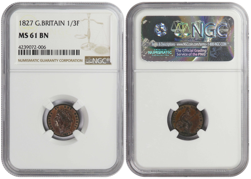 Great Britain ⅓ Farthing 1827. NGC MS-61

KM-703, Sp-3827, N#23651; Ruler: Geo...