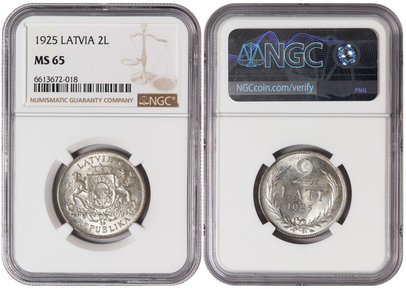 Latvia 2 Lati 1925. NGC MS-65. Almost TOP POP!

KM-8, Schön-8; 2 Year Type Sha...