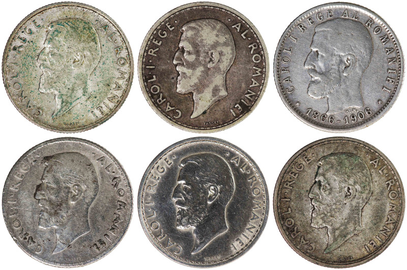 Romania 1, 2 Leu 1906-14 Lot of 6 coins

KM-42, 43, Pn108; Silver