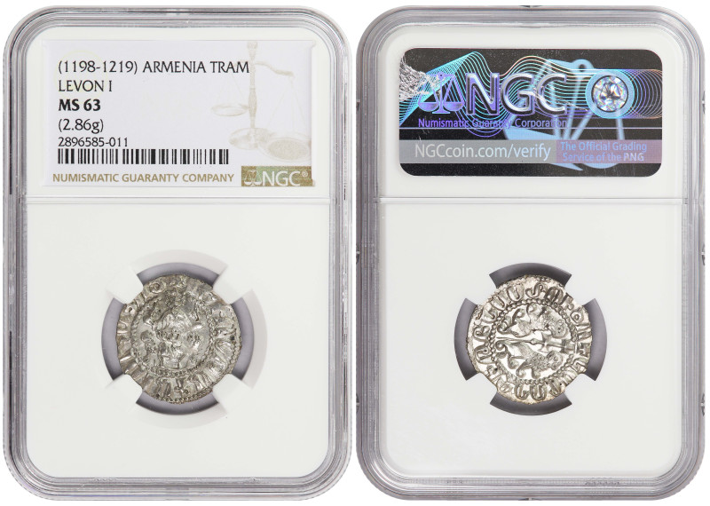 Armenia 1 Tram 1198-1219 AD. NGC MS-63

CCA-123 ff, N#37315; Ruler: Leo I the ...