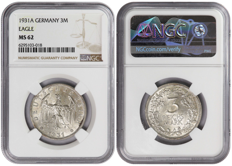 Germany Weimar Republic 3 Mark 1931-A. NGC MS-62. Rare

KM-74; Silver (.500); ...