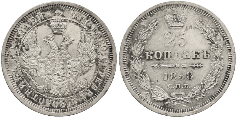 Russia 25 Kopecks 1858 СПБ ФБ

C# 166.1, N# 26891, Silver (.868), 5.18 g, Empe...