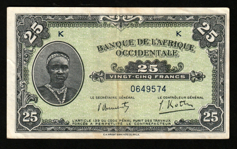 French West Africa 25 Francs 1942

P-30; # K 0649574; XF