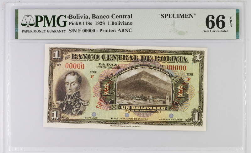 Bolivia 1 Boliviano 1928 Specimen. PMG 66 EPQ

P-118s; # F 00000; Total Graded...