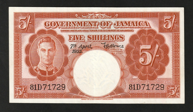 Jamaica 5 Shillings 1955

P-37b.2; UNC