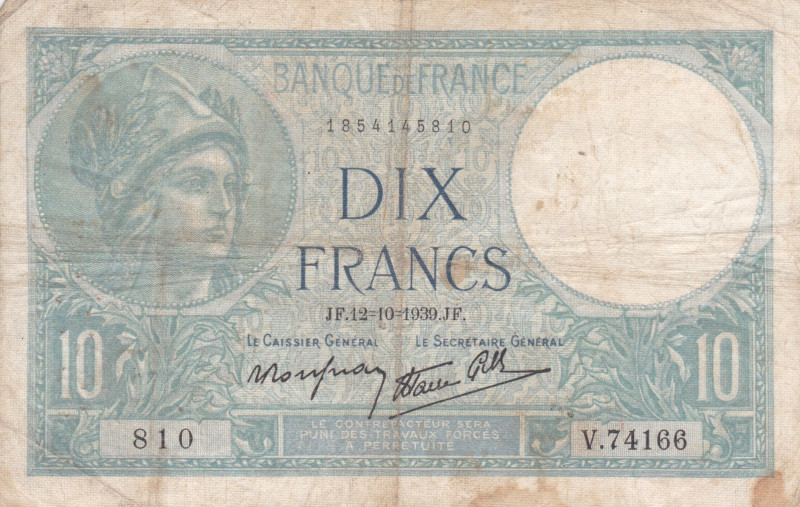 France 10 Francs 1939

P-84, F.07/11; Minerve - 12.10.1939; alphabet 73969-745...