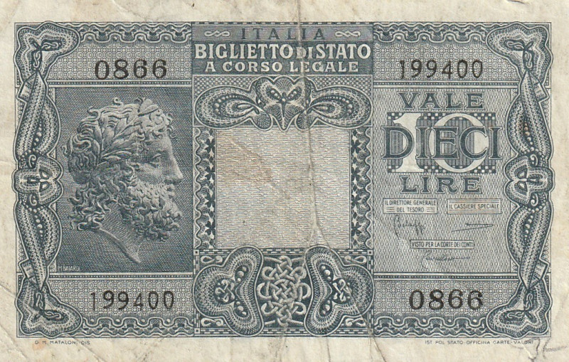 Italy 10 Lire 1944 

P-32c Signatures: Bolaffi & Cavallaro & Giovinco F/VF