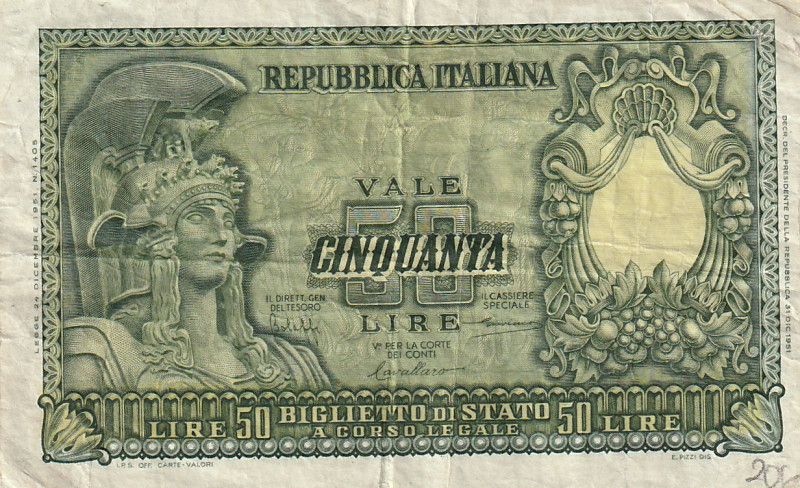 Italy 50 Lire 1951 

P-91a; Signatures: Bolaffi & Cavallaro & Giovinco VF