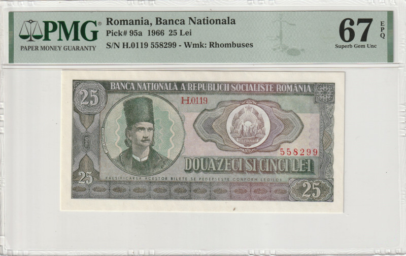 Romania 25 Lei 1966 PMG 67 EPQ

P-95a; # H.0119 558299; Superb GEM UNC