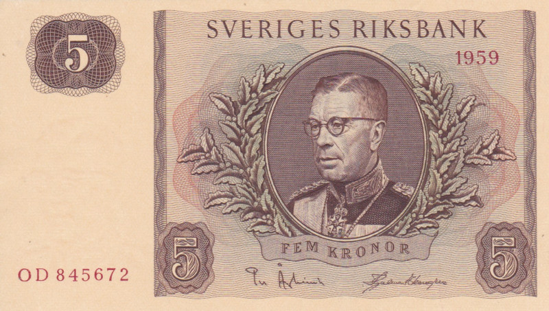 Sweden 5 Kronor 1959

P-42d; # OD 845672; Watermark: King Gustav VI Adolf; UNC