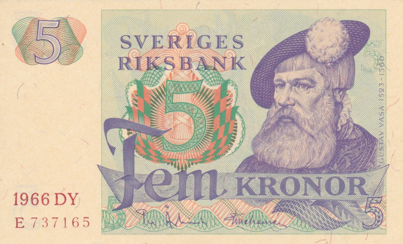 Sweden 5 Kronor 1966

P-51a.2; # E 737165; UNC