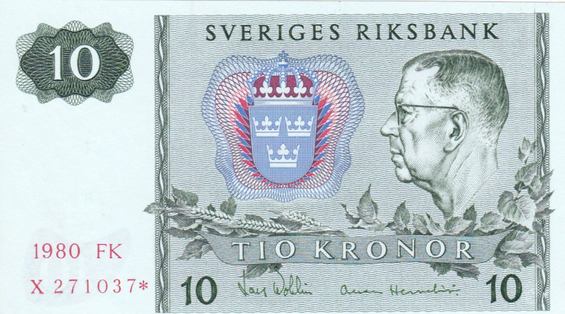 Sweden 10 Kronor 1980

P-52e.r1; # X 271037 *; Replacement note; suffix: ✻; UN...