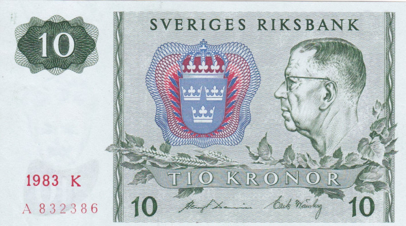 Sweden 10 Kronor 1983

P-52d.4; # A 832386; Watermark: August Strindberg; UNC