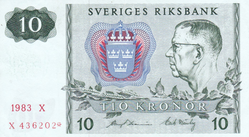 Sweden 10 Kronor 1983

P-52d.4rdel; # X 436202 ✻; Replacement note; suffix: ✻;...