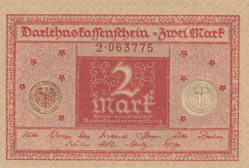 Germany 2 Mark 1920

P-59a.2 R-65b UNC