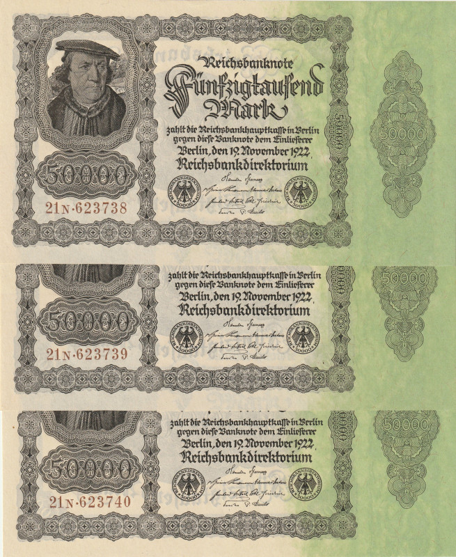 Germany 50.000 Mark 1922 Set: 3 Consecutive Numbers

P-79a.4 Ros#79d UNC