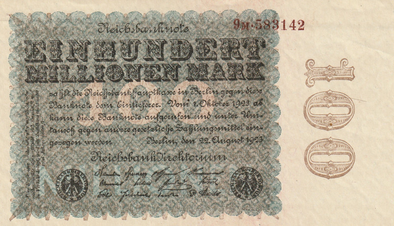 Germany 100 Millionen Mark 1923 

P-107b.1 R-106i AU/UNC