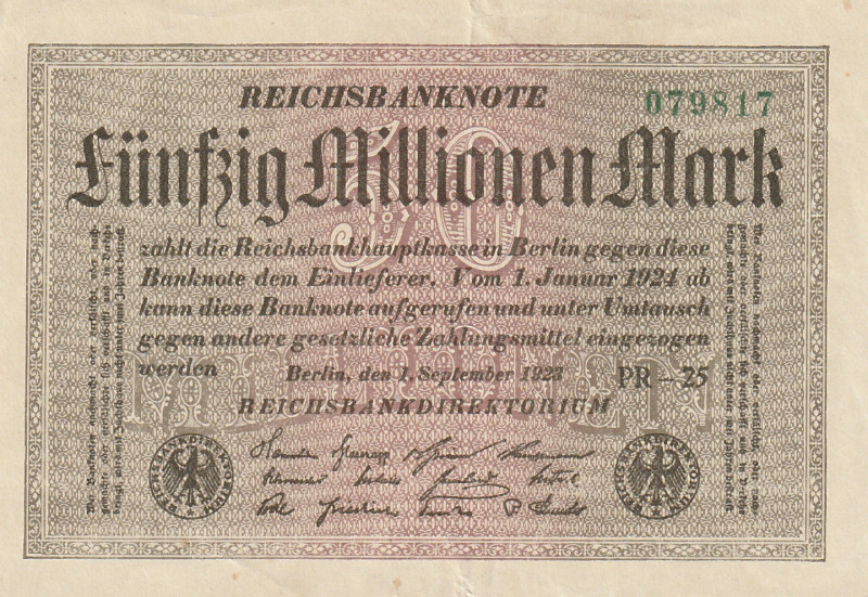 Germany 50 Millionen Mark 1923 

P-109b.2GE R-108e AU/UNC