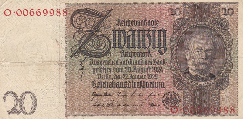 Germany 20 Reichsmark 1929 Unique Serial Number 

P-181a, R-174a; # 00669988; ...